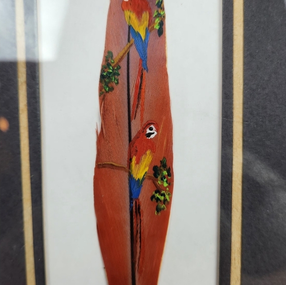 Costa Rica Hand Painted Feather Art Green PARROT Bird Lover Matted Framed 9x5 - Picture 2 of 6